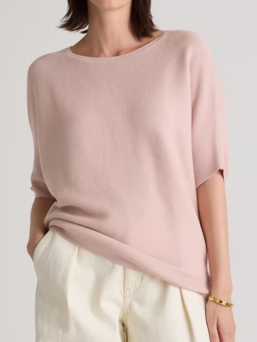 ·Quince· Pink Lightweight Cotton Cashmere Dolman Short Sleeve Sweater Size Small